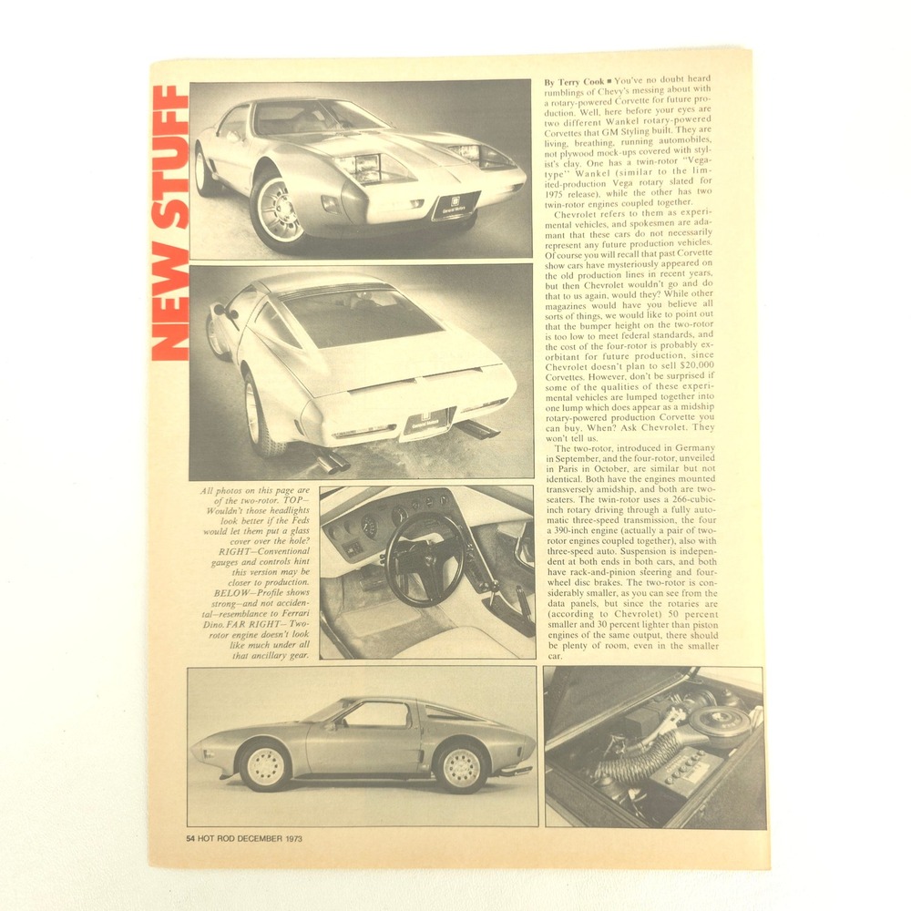 Chevrolet Corvette Wankel Rotary Concept Print Ad 1973 GM Promotional Garage Art